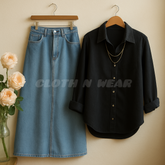 PAIR OF DENIM SKIRT WITH BLACK BUTTON DOWN SHIRT